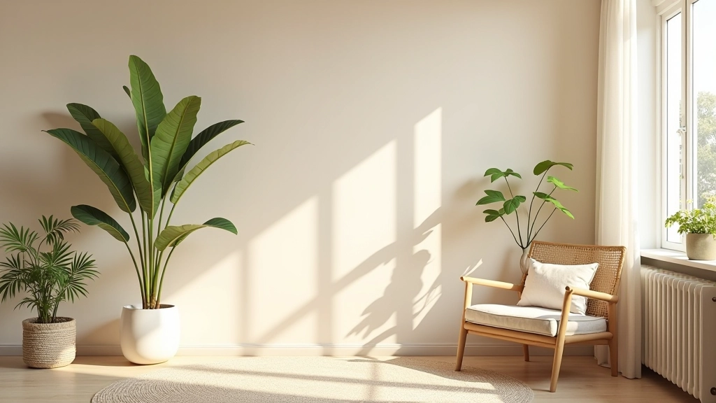 Interior primaveril com tons pastel, plantas frescas e luz natural clara